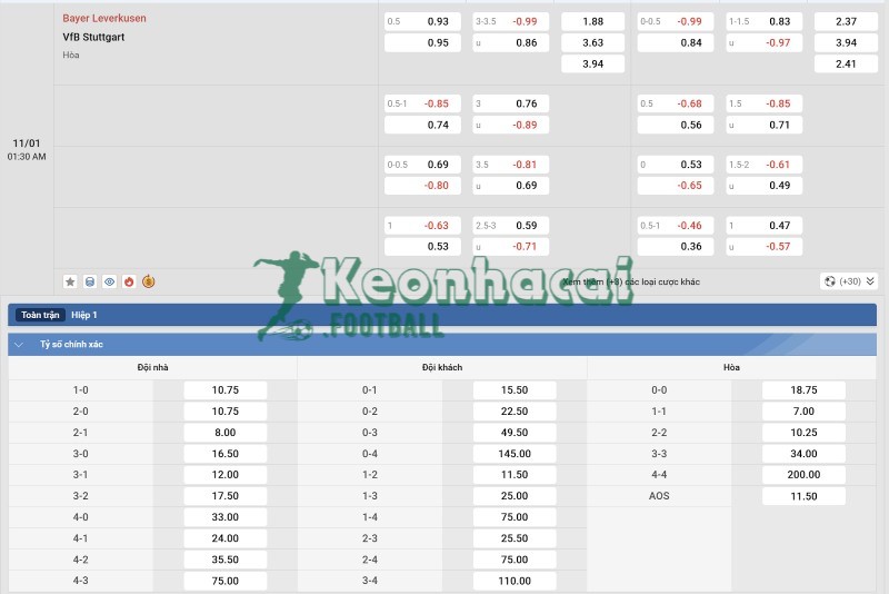 Tỷ lệ kèo Bayer Leverkusen vs Stuttgart