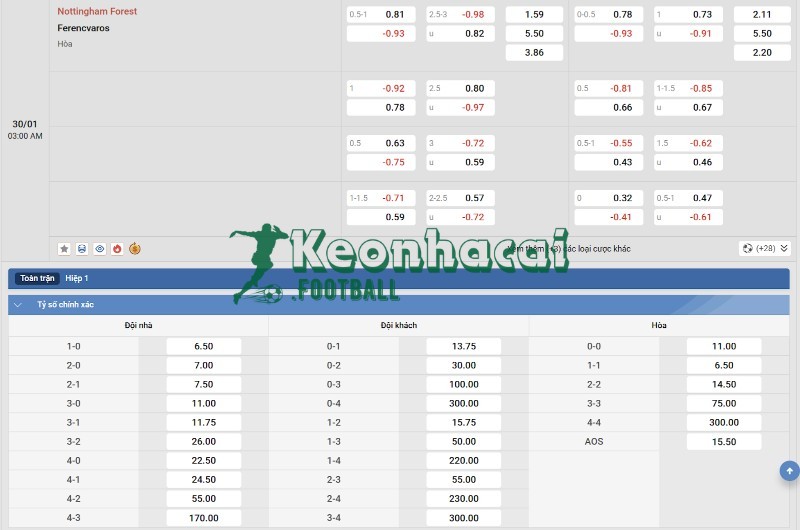 Tỷ lệ kèo Nottingham vs Ferencvaros